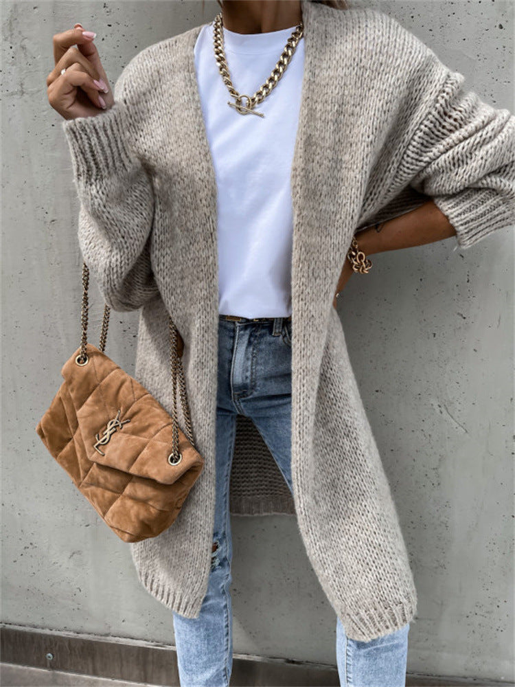 Women's Loose Knitted Mid-length Solid Color Coats