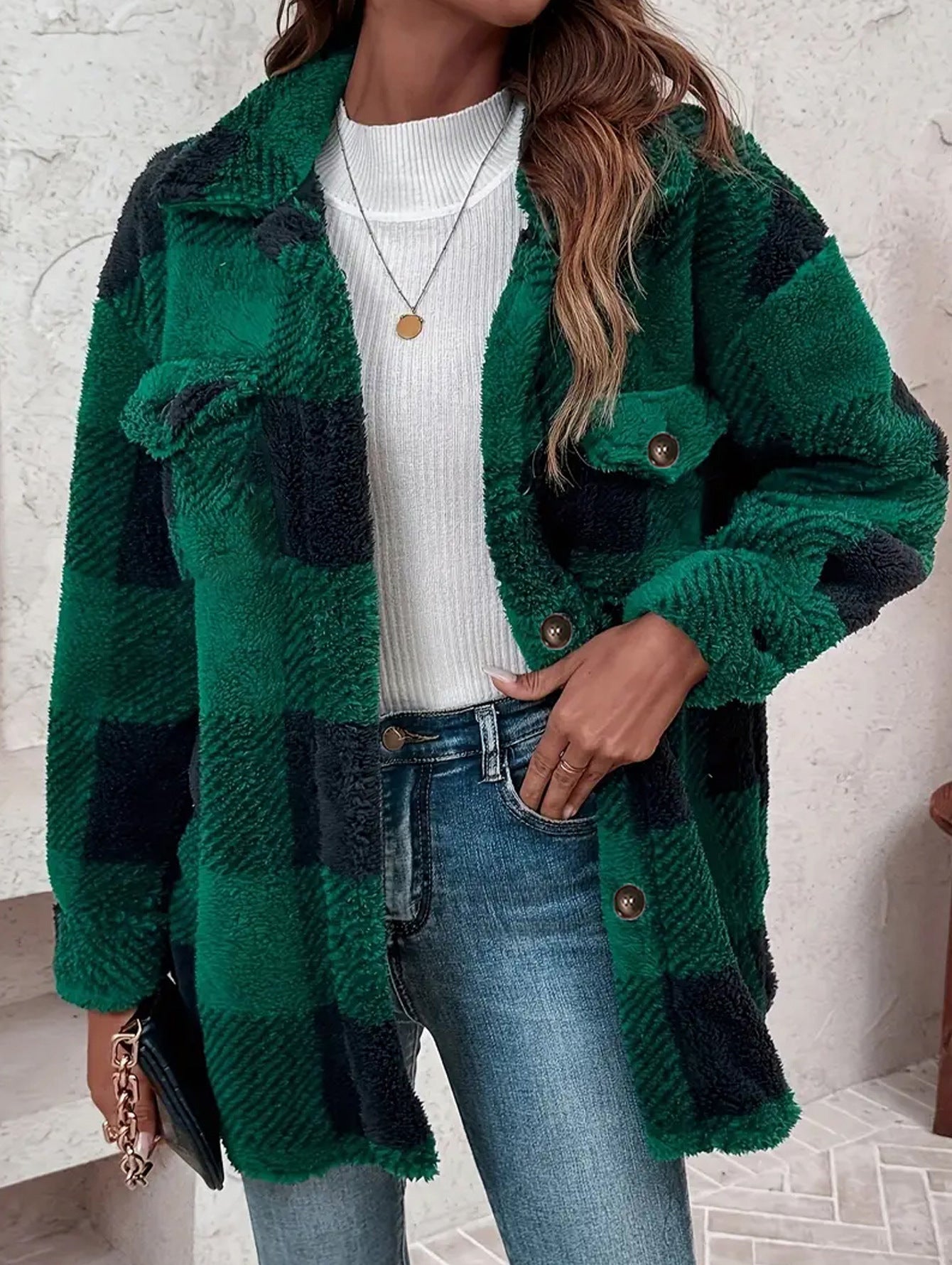 Women's Button Lapel Plush Plaid Loose Casual Coats