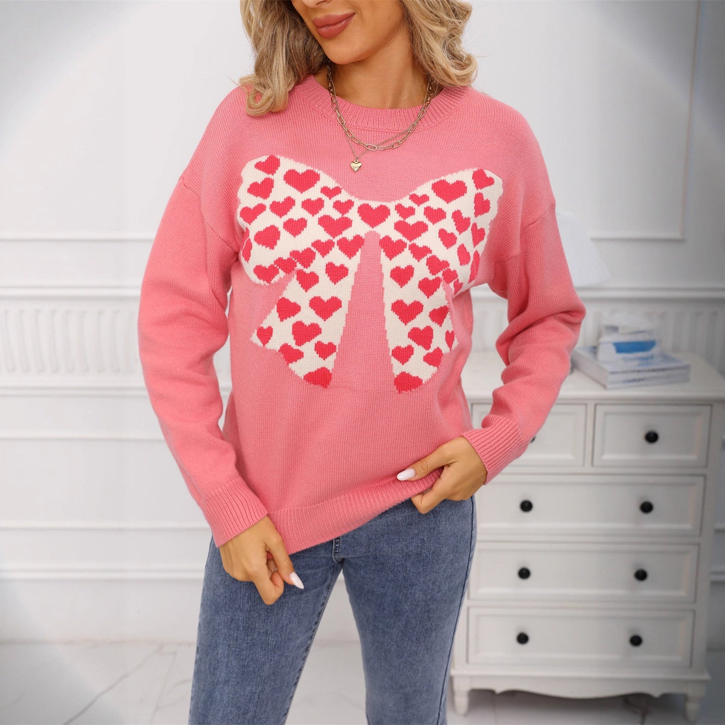 Round Neck Long Sleeve Casual Bow Small Love Sweaters