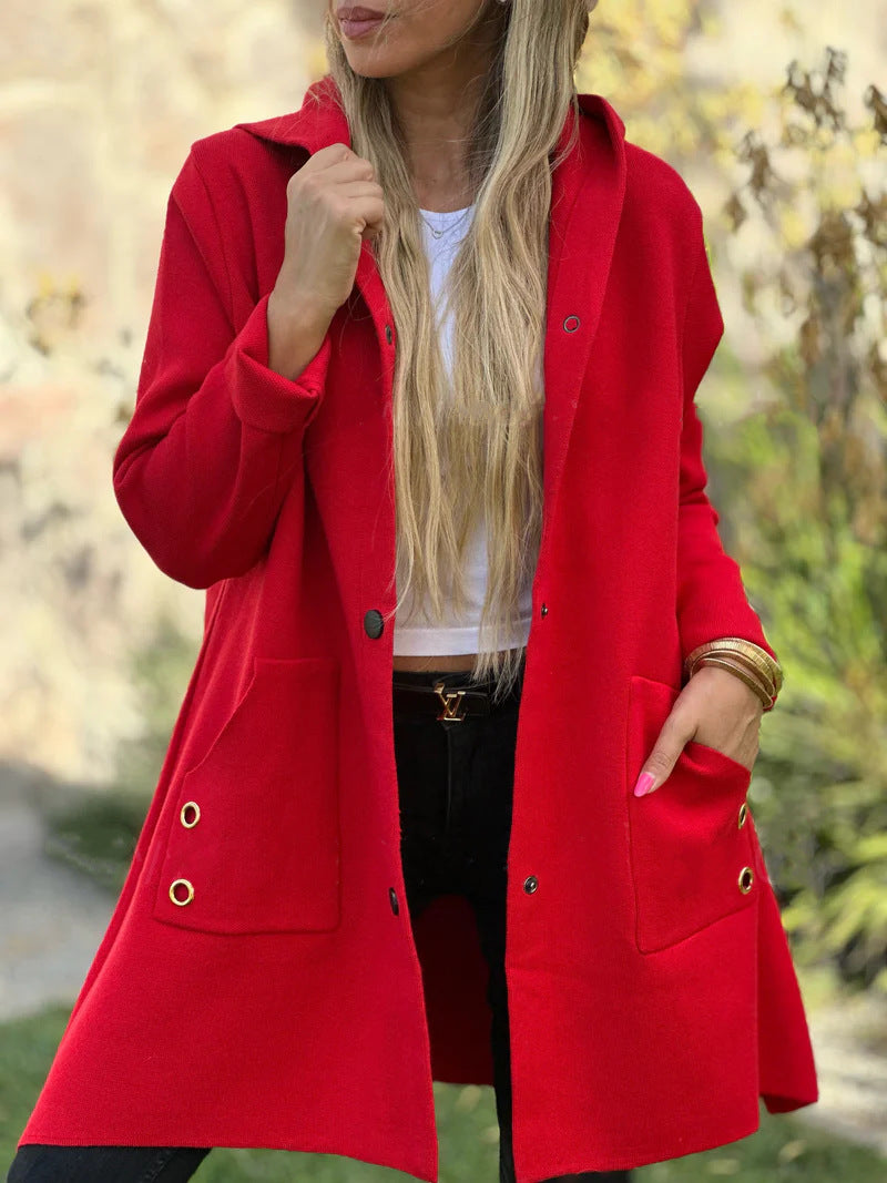 Solid Color Casual Single-breasted Hooded Woolen Coats