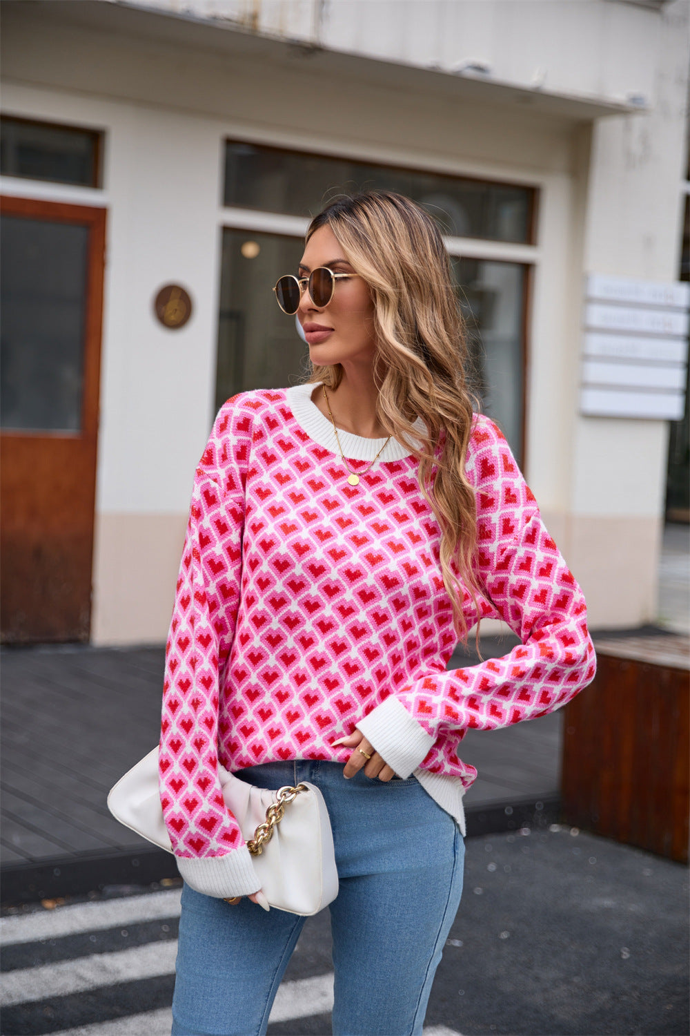Women's Spring Valentine's Day Round Neck Pullover Small Peach Heart Sweaters