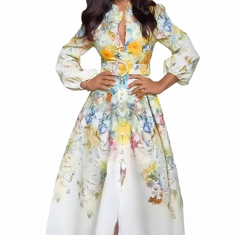 Women's Floral Dress Lantern Sleeve Slimming Retro Oil Painting Dresses