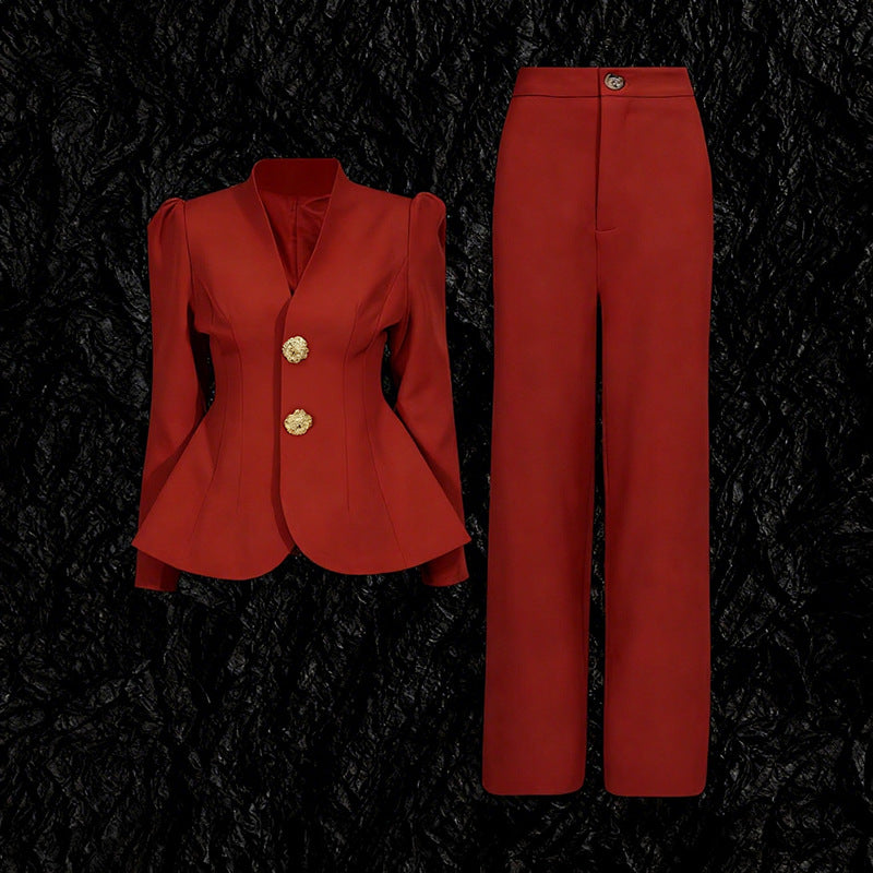 Women's Two-piece Set Large Decorative Buckle Long Suits