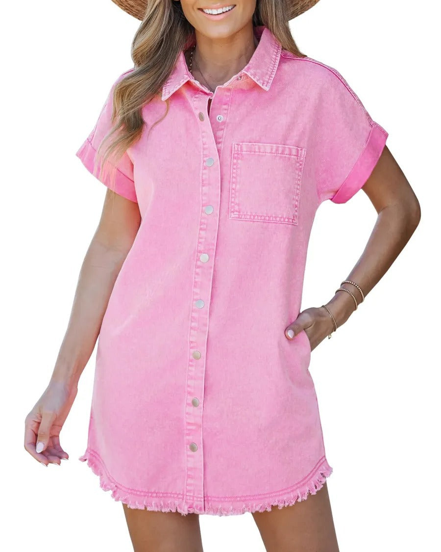 Women's Short-sleeved Denim Shirt Dress Buckle Casual Dresses