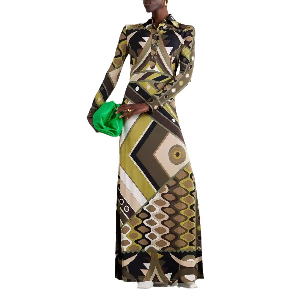 Women's Printed Positioning Lapel Long Sleeve Split Dresses
