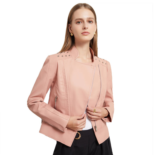 Women's European Beaded Leather Long-sleeved Fashion Lapel Jackets