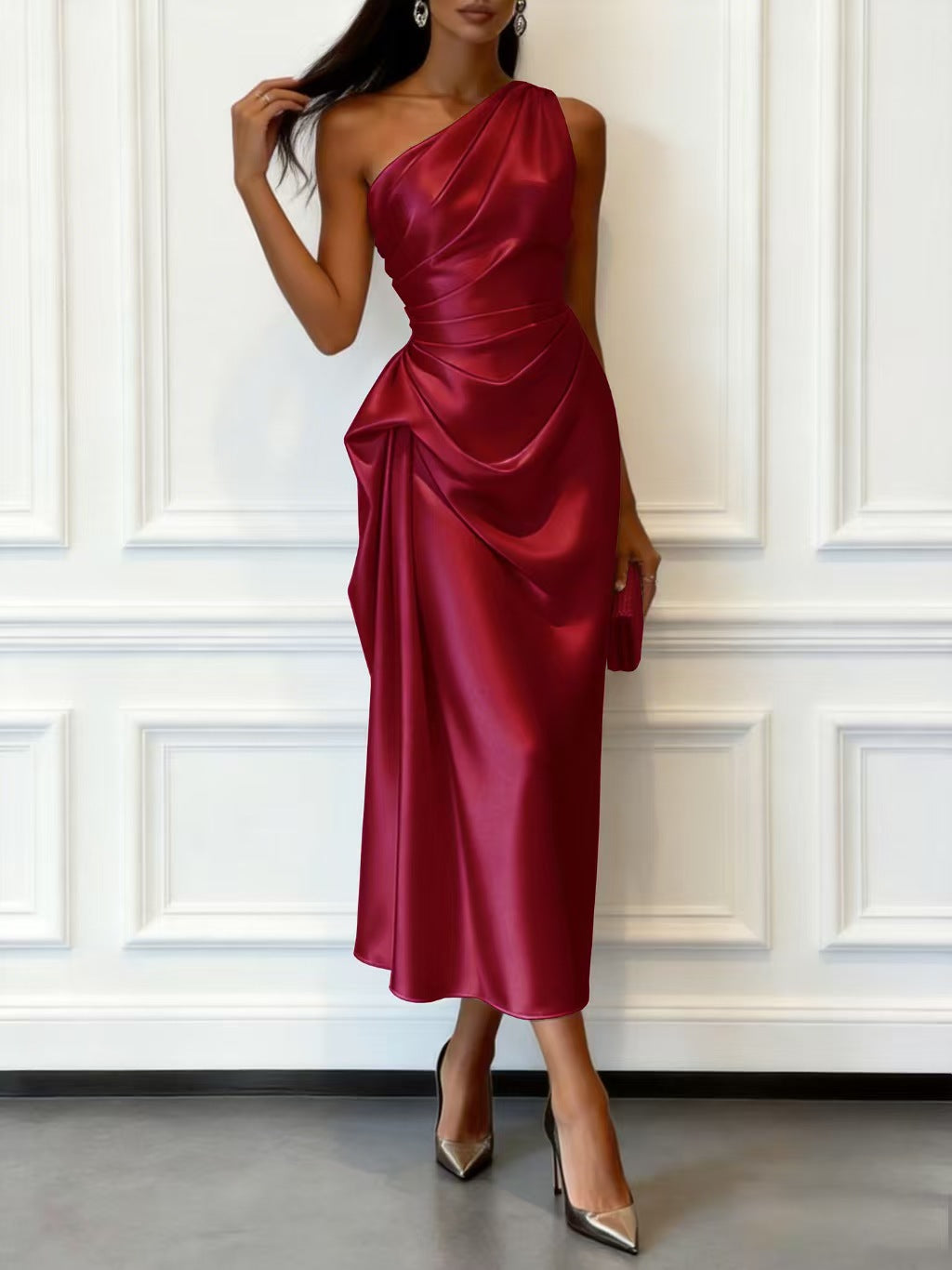 Women's Outer High-grade Satin Pleated Waist Tight Shoulder Dress