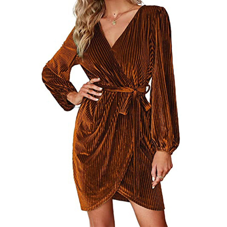 Women's Pure Color Tied Pleated Strip Dress Dresses