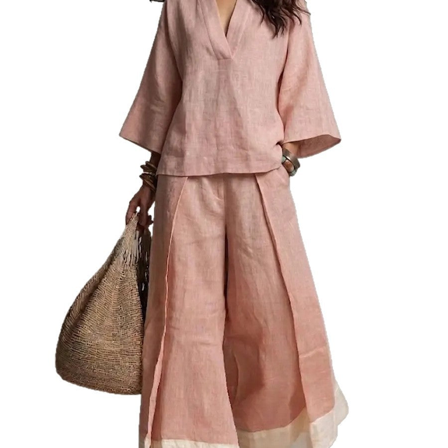 Women's Cotton Linen French Collar Sleeve Shirt Contrast Fashion Casual Suit