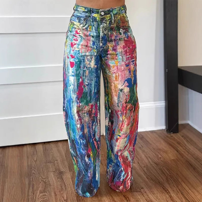 Women's Fashion Casual Straight Painted Trousers Pants