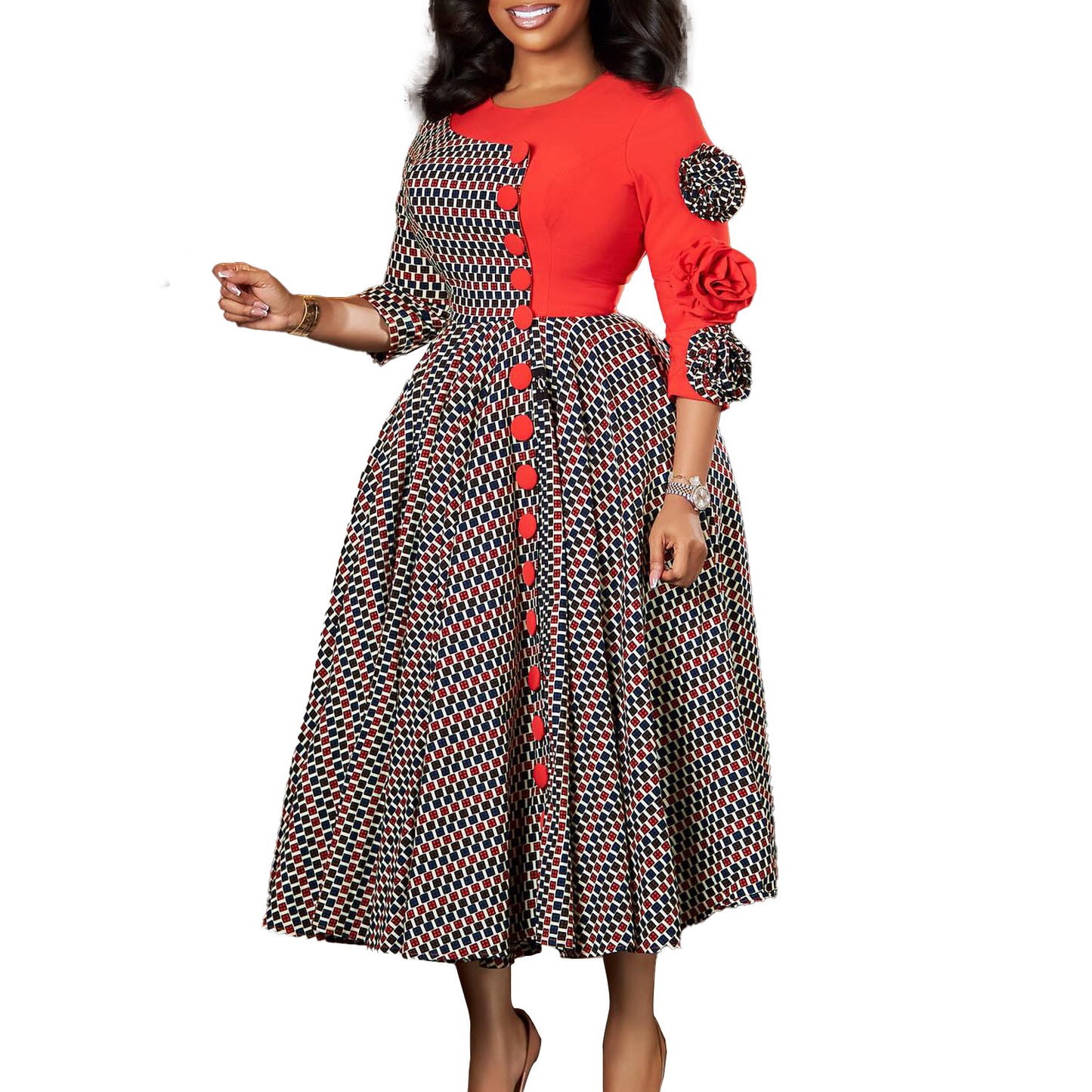 Women's Fashion Elegant Round Neck Sleeves Printed Dress