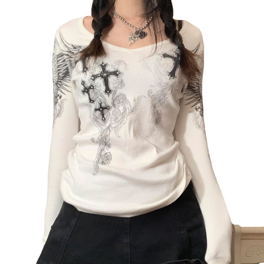 Women's Rhinestone Printed Round Neck Temperament Commute Long Blouses