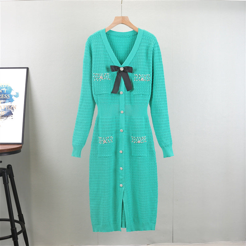 Style Temperament Bow Slimming Fashion Single-breasted Dress