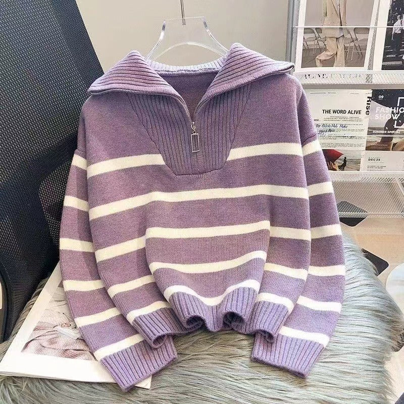 Contrast Color Striped Loose Idle Korean Style Pullover Urban Half Women's Sweater