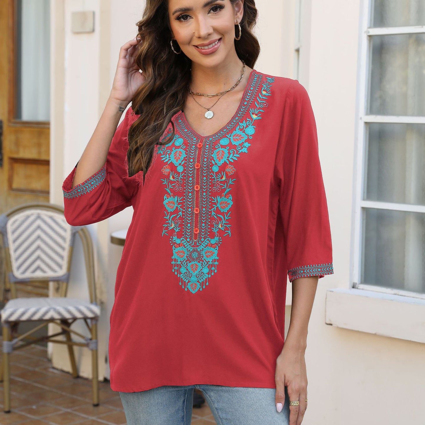 Women's Summer Artistic Loose Thin Embroidery Half Blouses