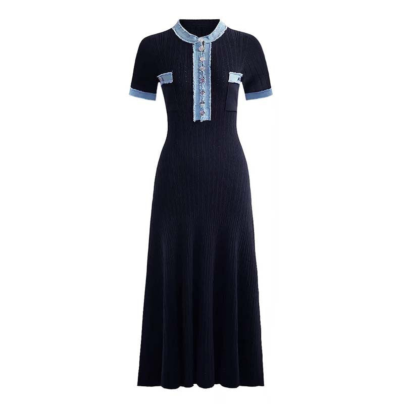 Denim Long-sleeved Knitted Simple Round Neck Slimming Dress