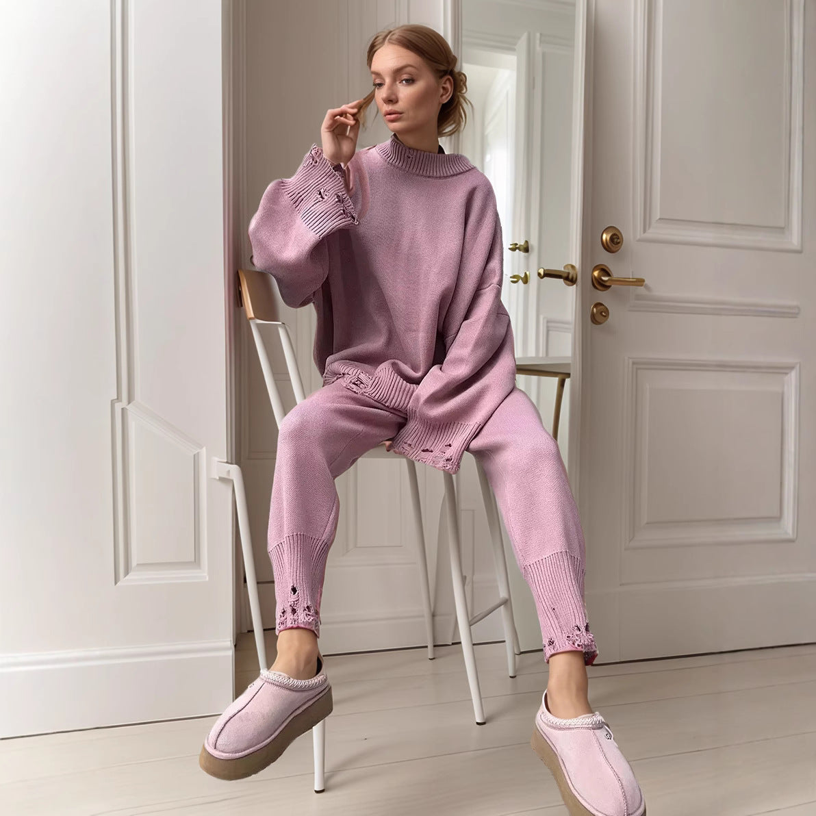 Ripped Female Style Knitted Ankle Tight Suits