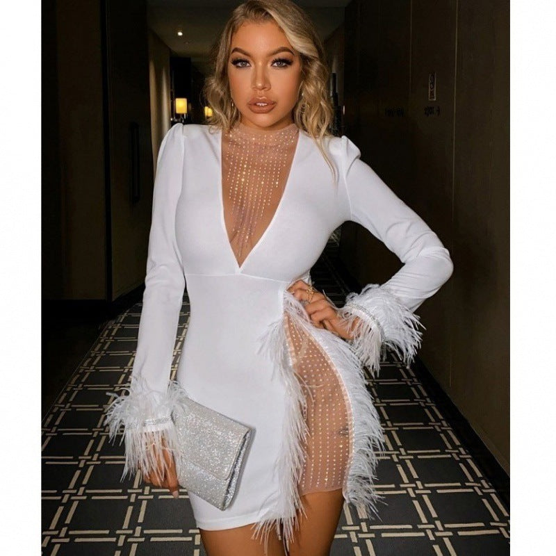 Women's Mesh Stitching Feather Decoration Slim Dress Dresses