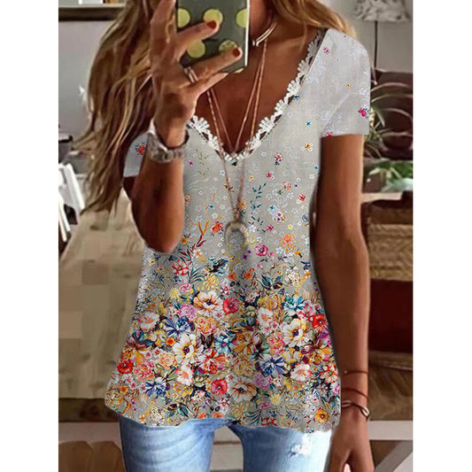 Summer Feather Printed Short-sleeved Lace T-shirt Blouses