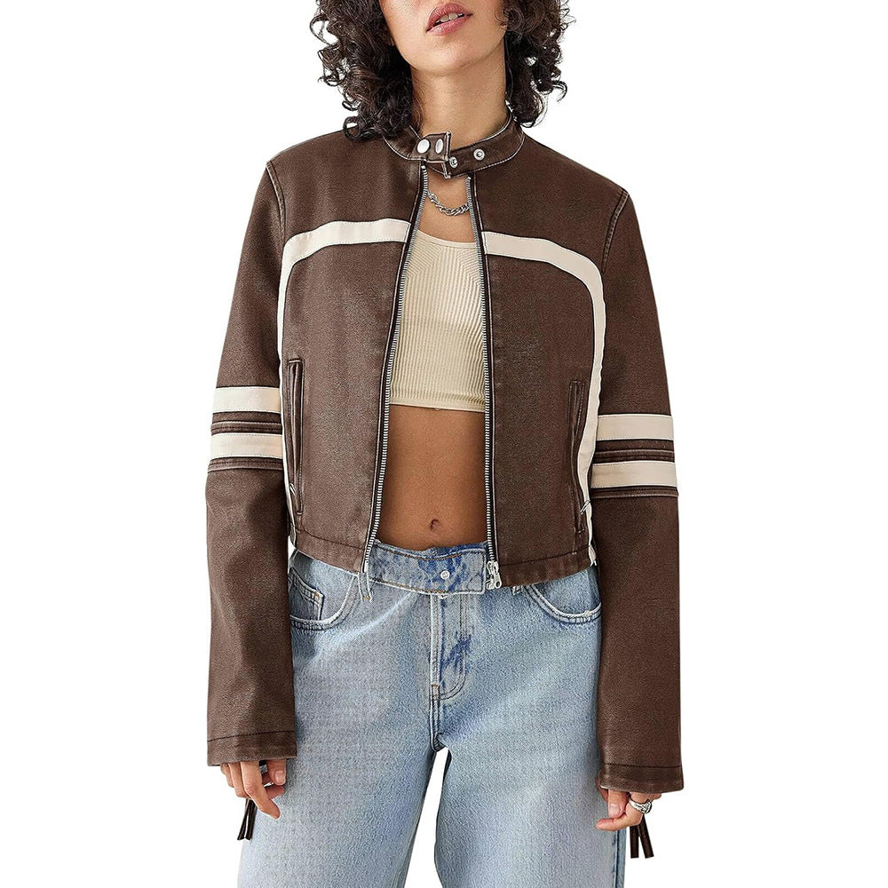 Women's Fashion Leather Color Contrast Patchwork Midriff Jackets