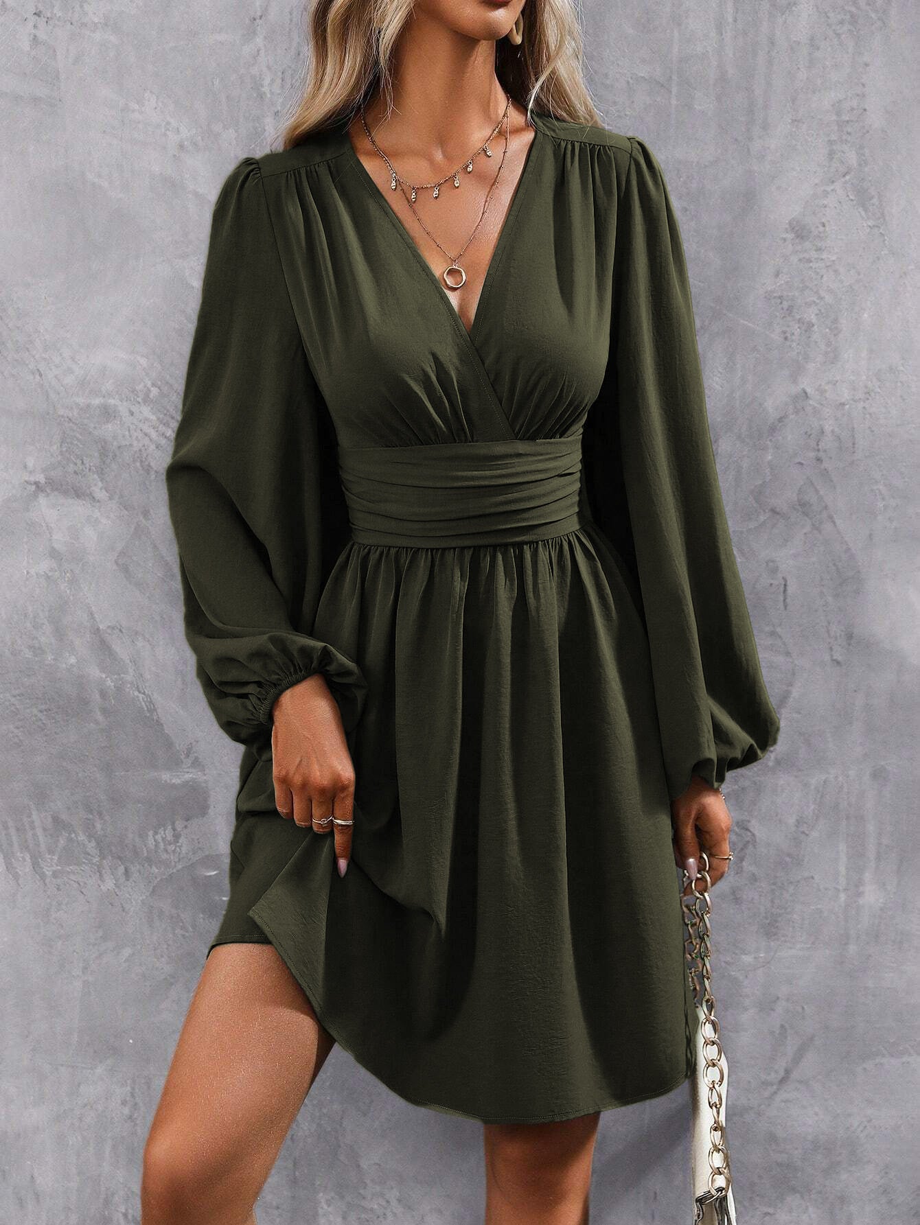 Diagonal Collar Lantern Sleeve Waist Pleated Dress