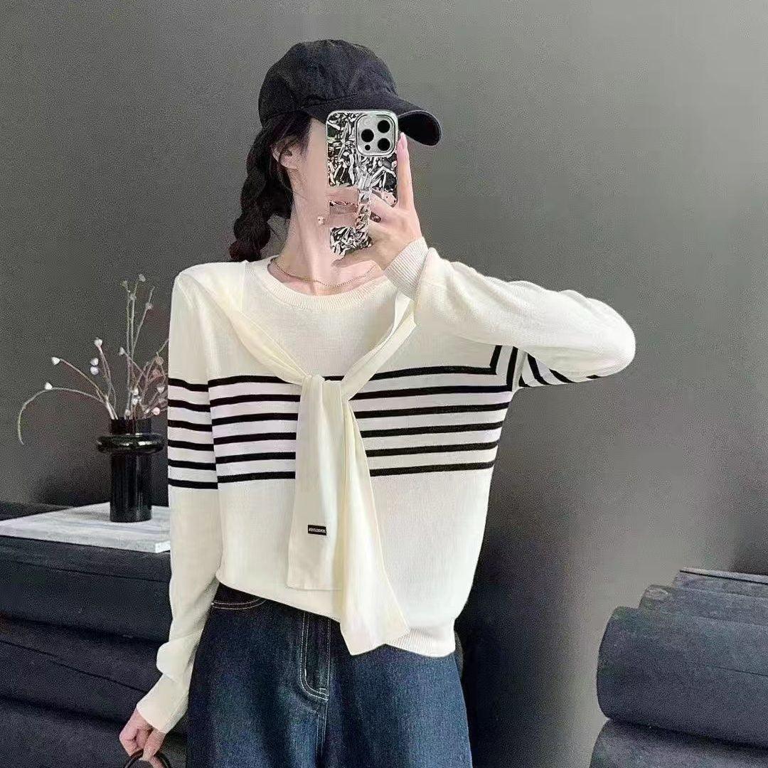 Niche Trendy Long Sleeve Striped Shawl Fake Two-piece Knitted Tops