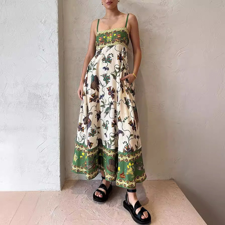 Women's Floral Positioning Burning High Waist Sling Large Swing Dress