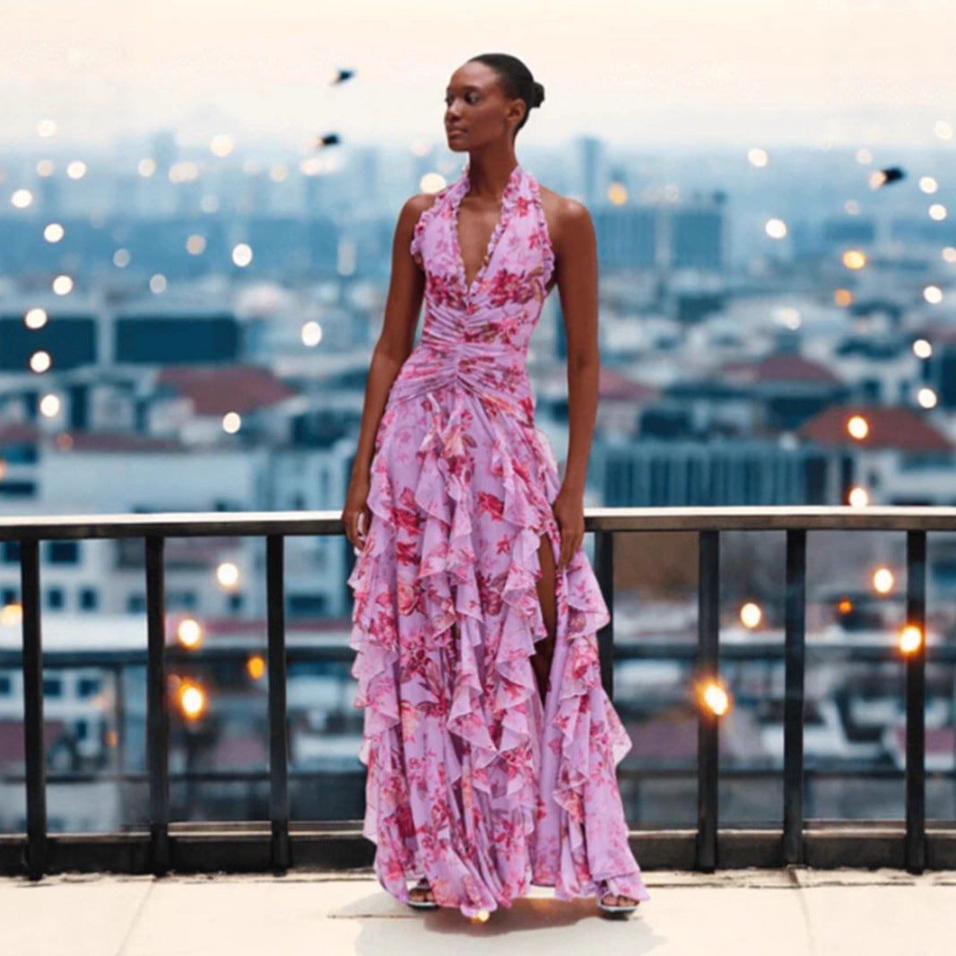 Women's Gentle Fashion Printed Pleated Waist Tight Dresses