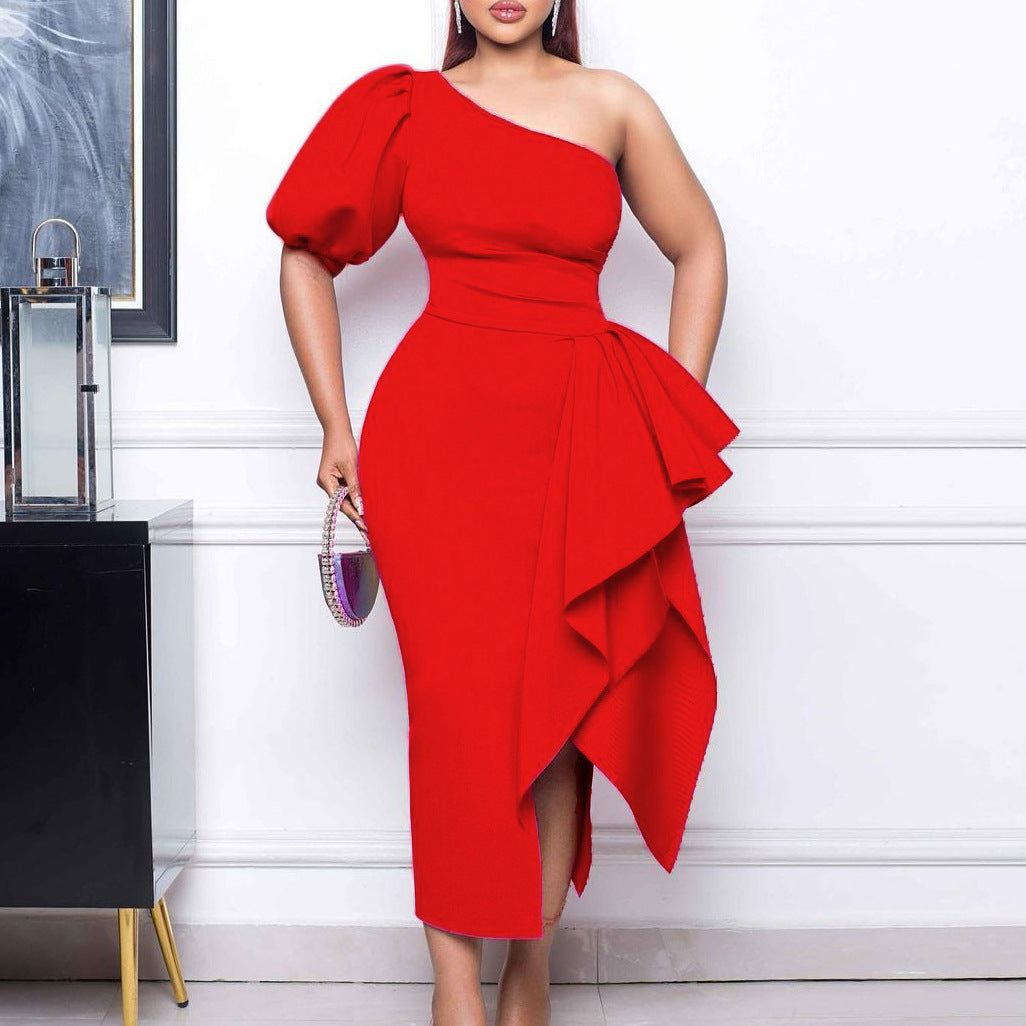 Women's Diagonal Collar Split Ruffled Dress Sexy Dresses