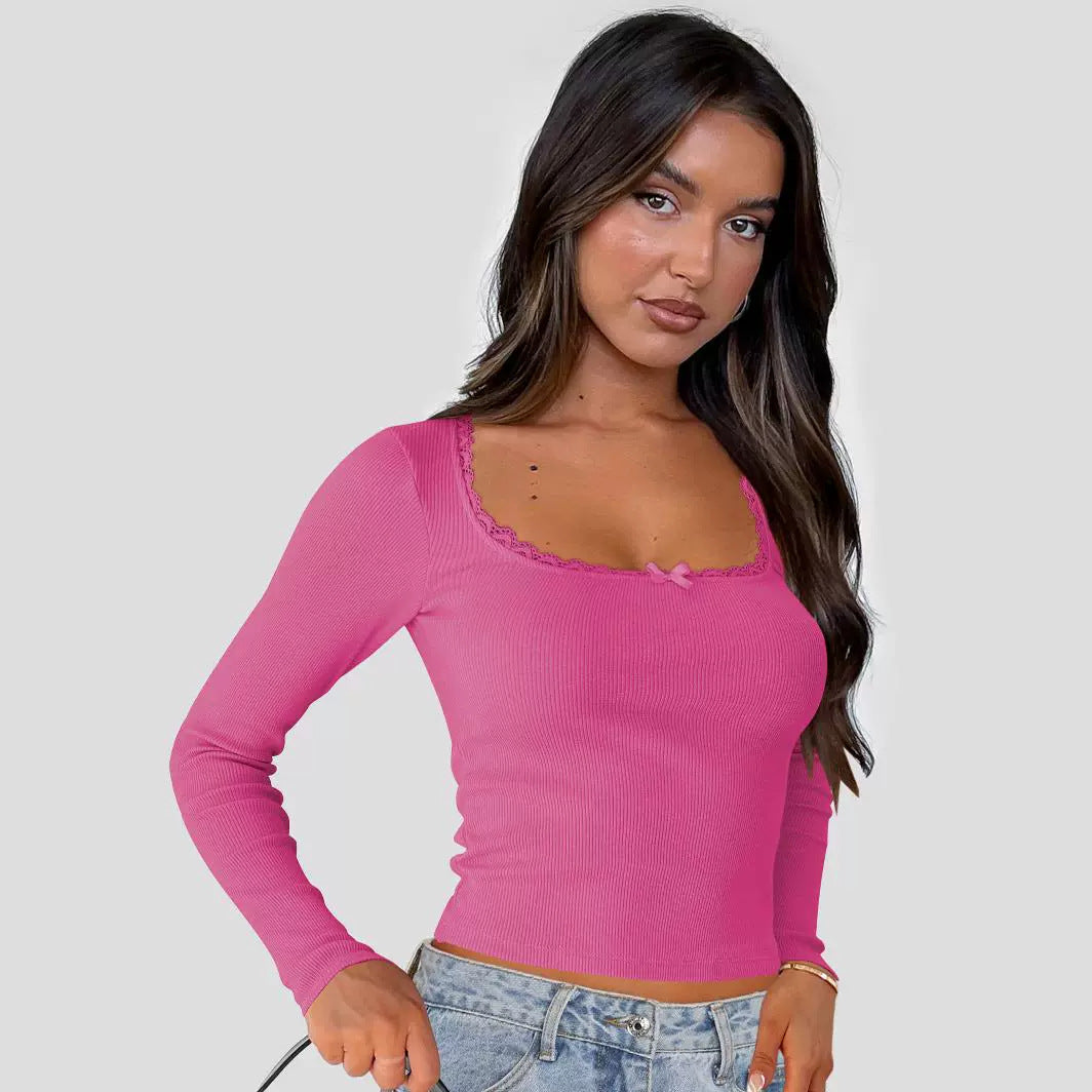 Women's Long-sleeved T-shirt Fashion Slimming Slim Lace Stitching Blouses