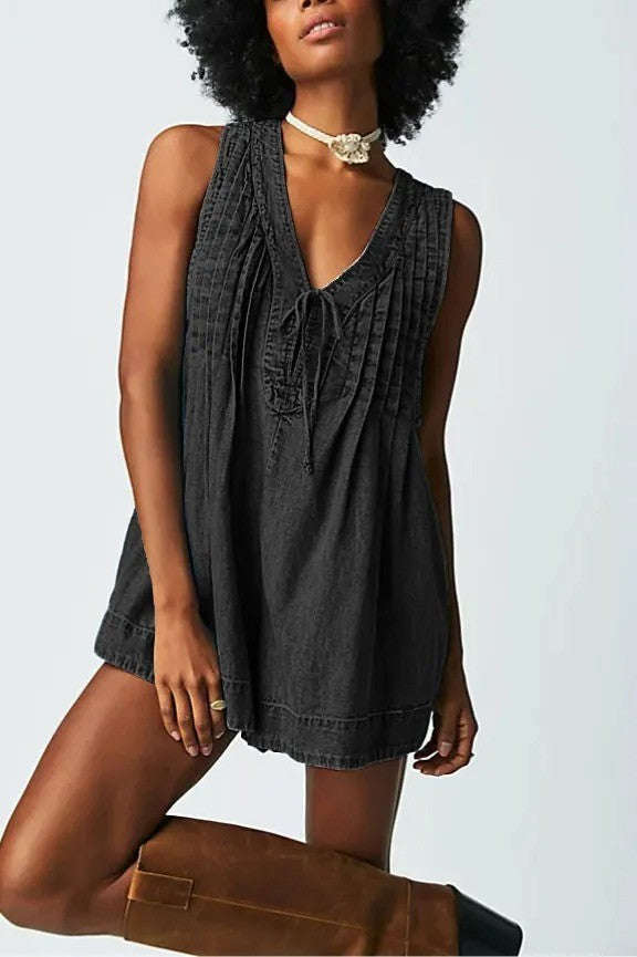 Casual New Sleeveless Denim Pleated One-piece Jumpsuits