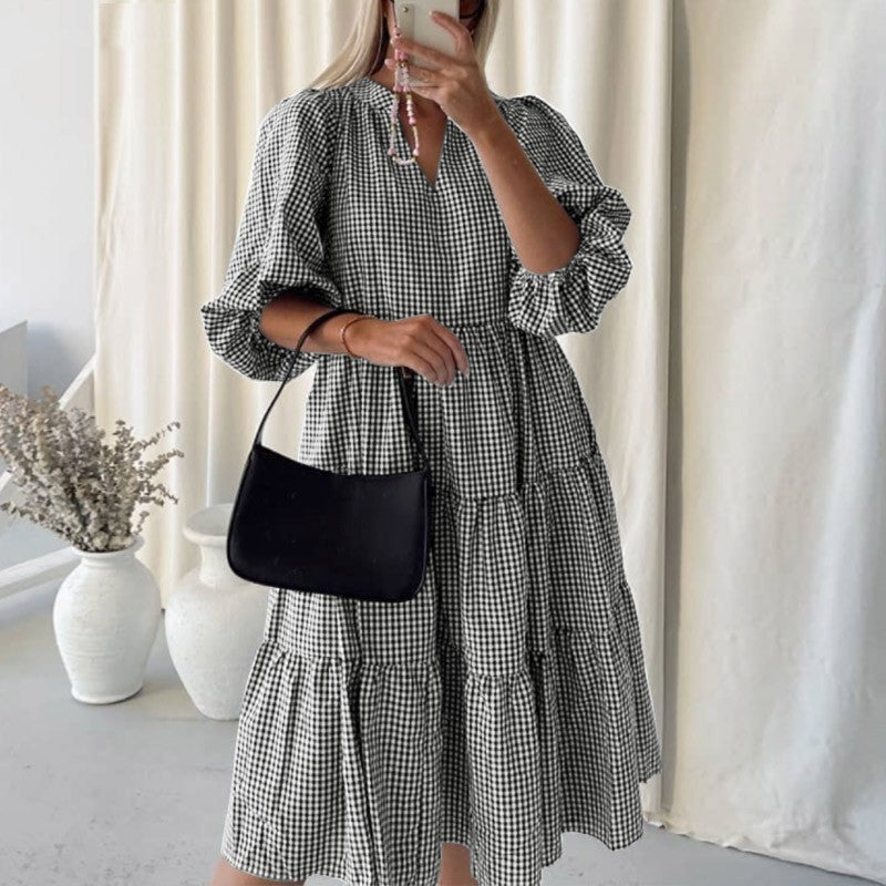 Women's Autumn Long Sleeve Plaid Stand Collar Dress