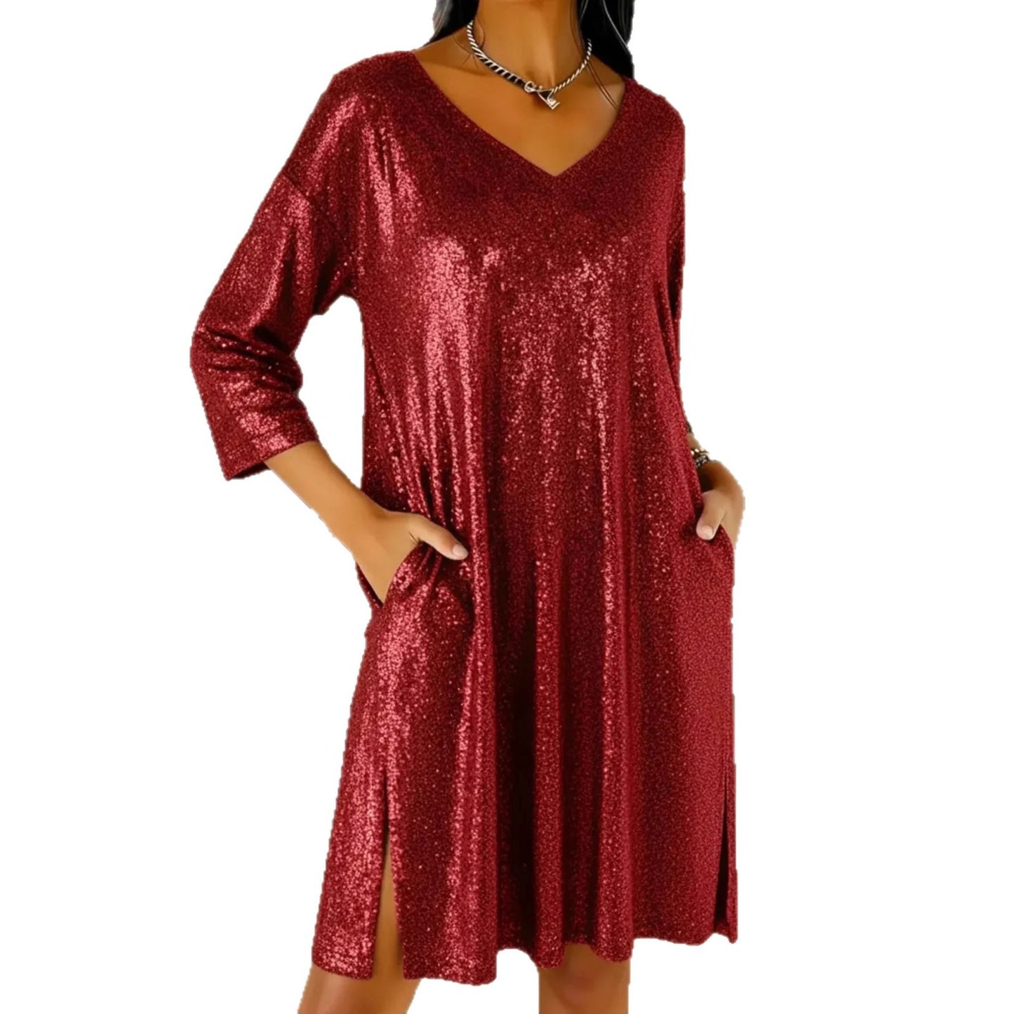 Loose Cropped Sleeve Slit Hemline At Dress