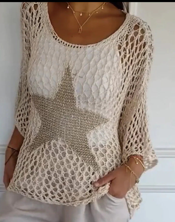 Women's Round Neck Commuter Elegant Cropped Sleeves For Air Conditioned Women's Sweater