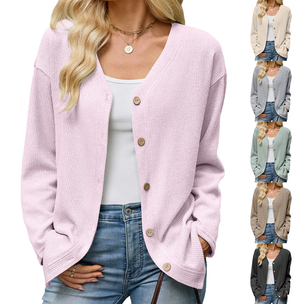 Women's Solid Color Loose Long Sleeve Button Women's Sweater