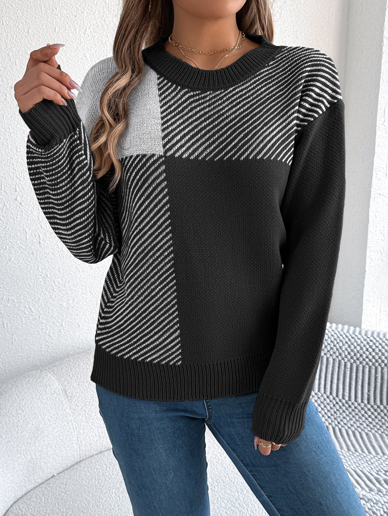 Women's Casual Contrast Color Plaid Long Sleeve Sweater