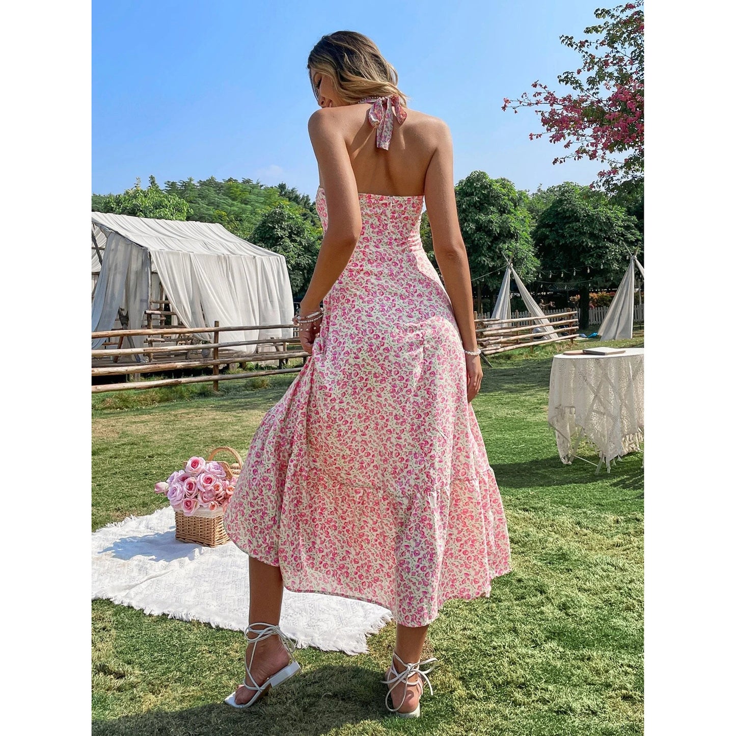 Print Sleeveless Bust Pleating Backless Waist Dresses