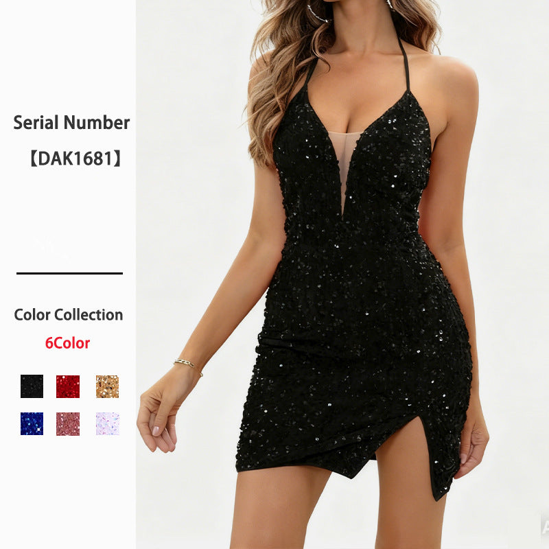Sequined Suspender Elegant Party Split Backless Sheath Dress