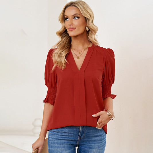 Women's Color Half Sleeve Collar Shirt Pleated Blouses