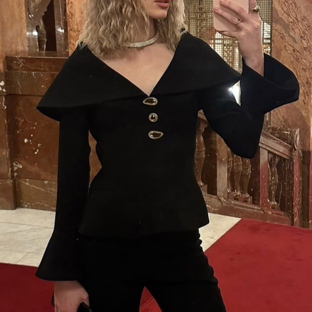 Women's French Classic Black Graceful Elegant Commute Blouses