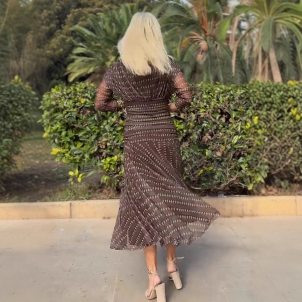 Collar Mesh Oversized Swing Dress Long Sleeve Including Dresses