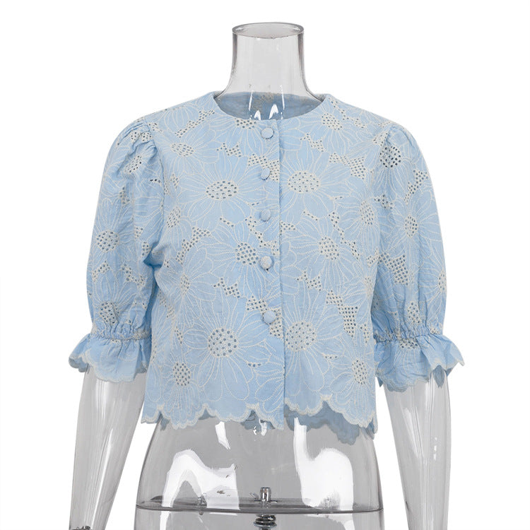 Women's Design Embroidery Shirt Fashion Flared Sleeves Blouses