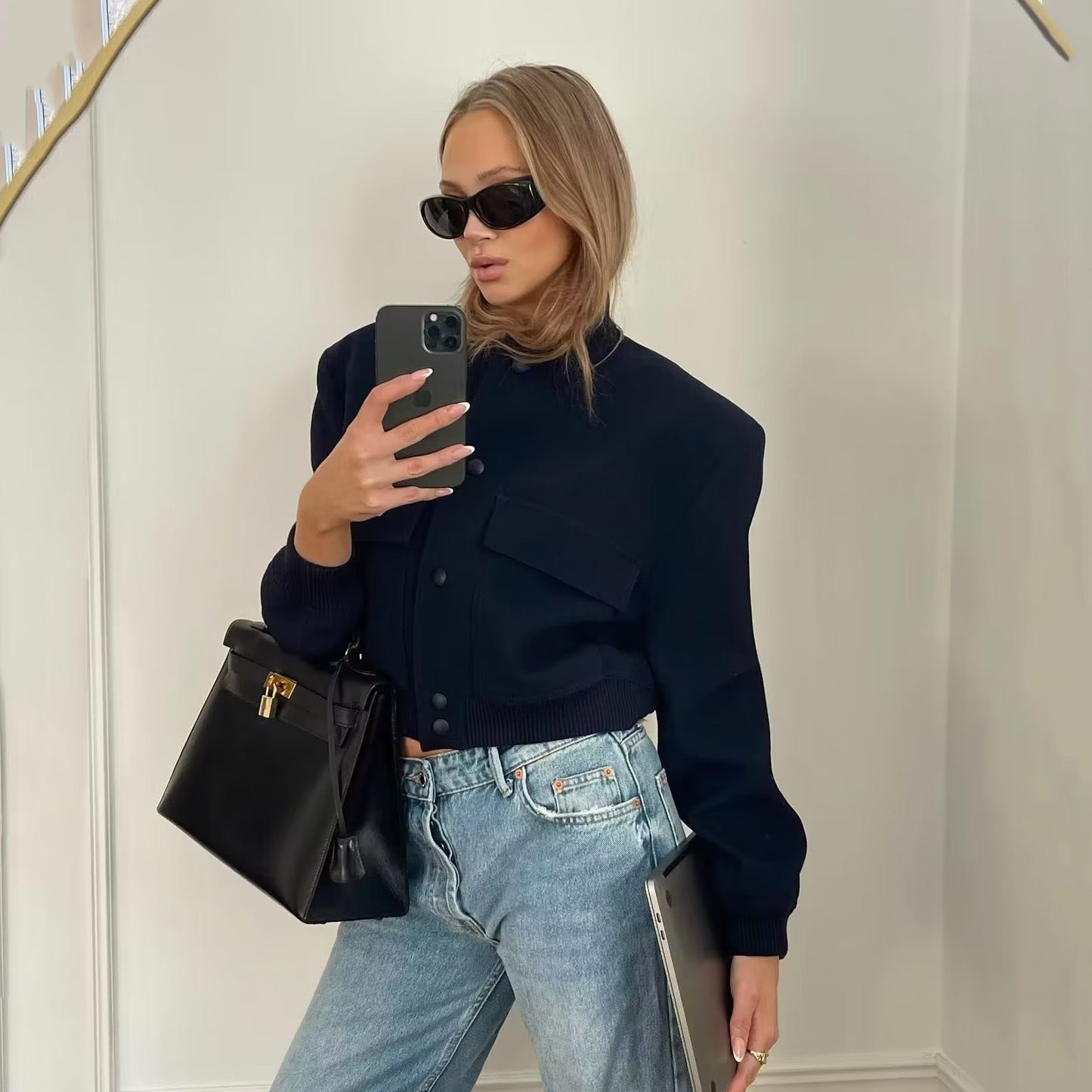 Women's Autumn Stand Collar Double Pocket Solid Jackets
