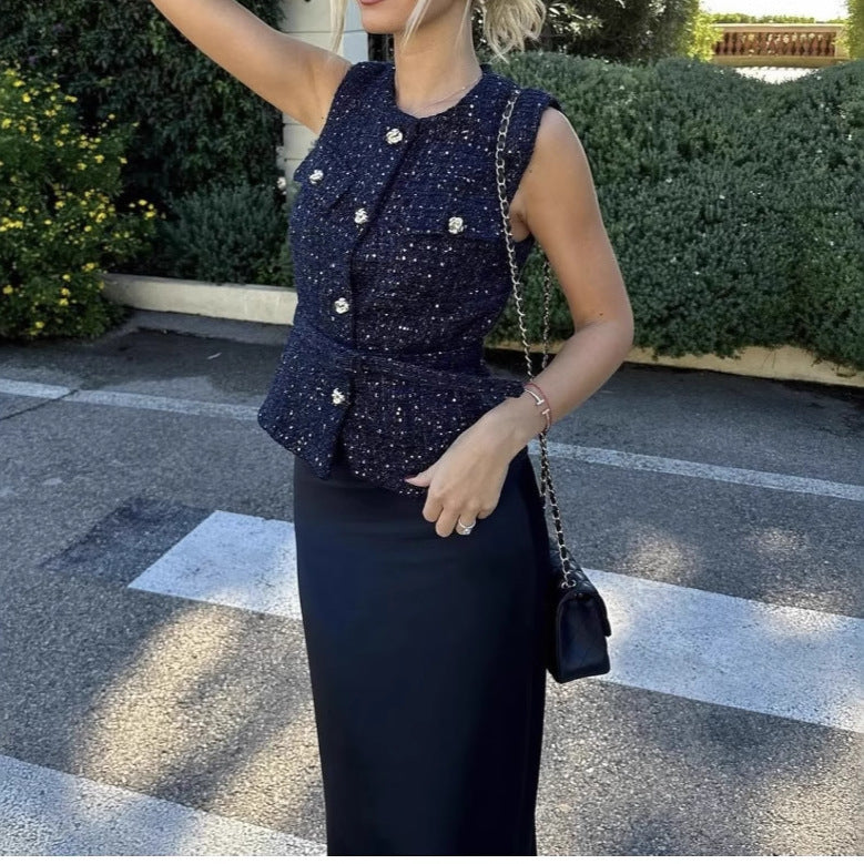 Women's Waistband Sequin Woolen Spring Elegant Metal Button Sleeveless Vests