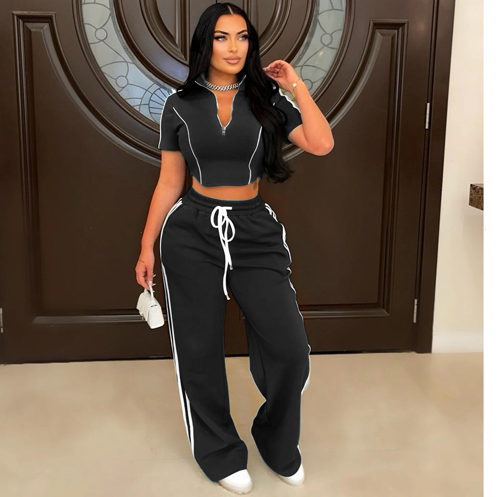 Women's Fashion Casual Two-piece Zipper T-shirt Style Suits