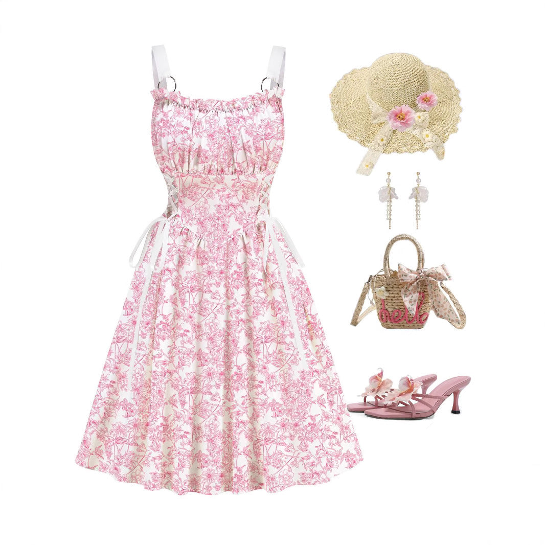 Women's Metal Ring Drawstring Elegant Vacation Style Printed Dress