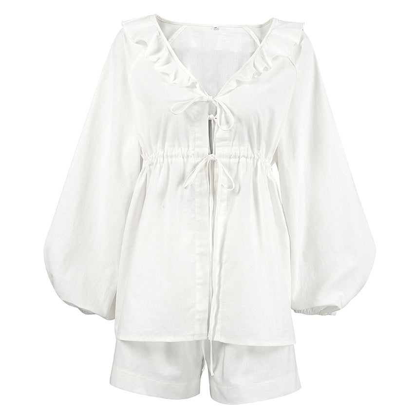 Women's Cotton Linen White Lantern Sleeve Summer Suits