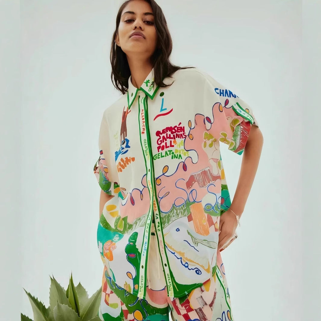Classic Elegant Printed Linen Leisure Shirt Fashion Casual Suit