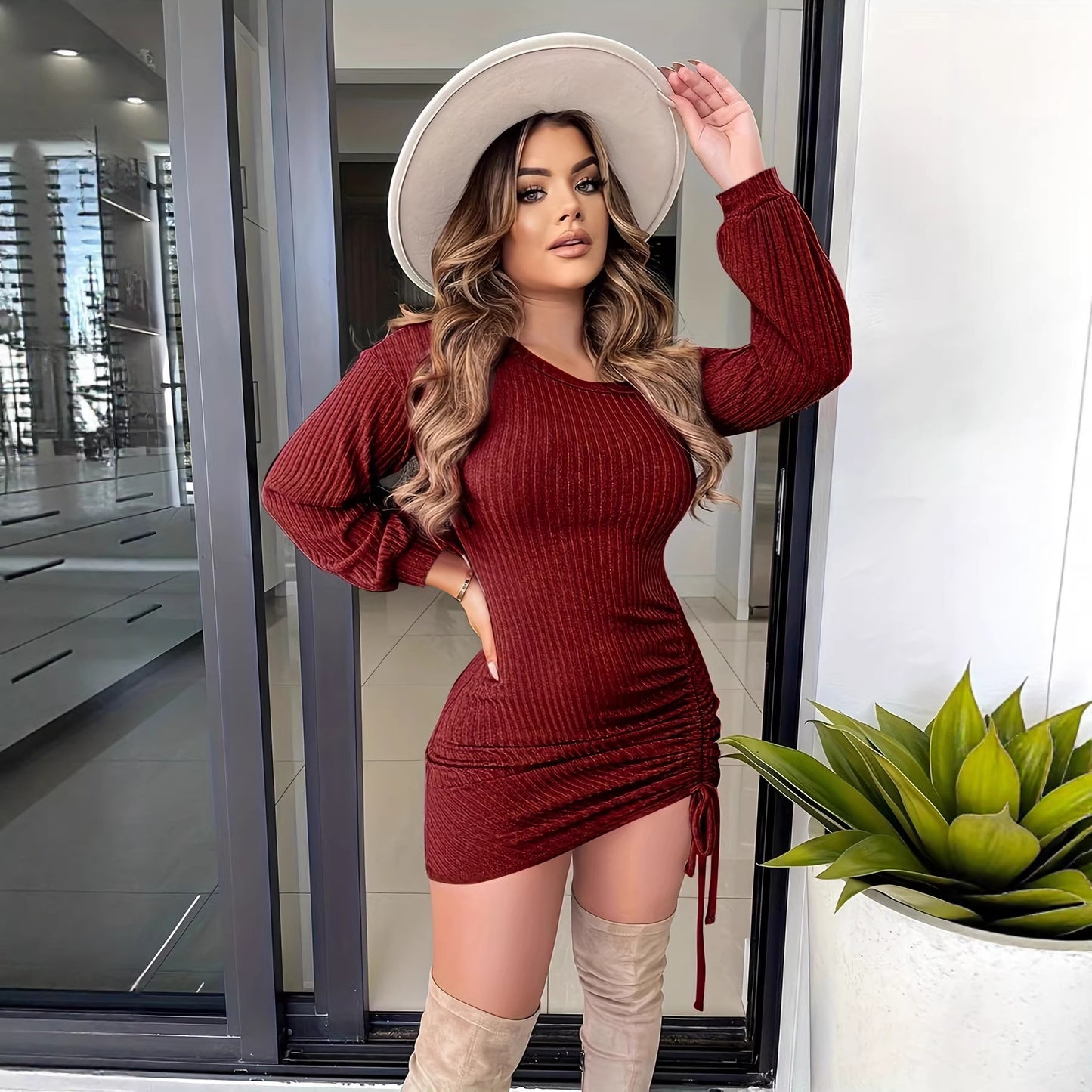 Women's Sexy Solid Color Drawstring Shoulder Long Dress