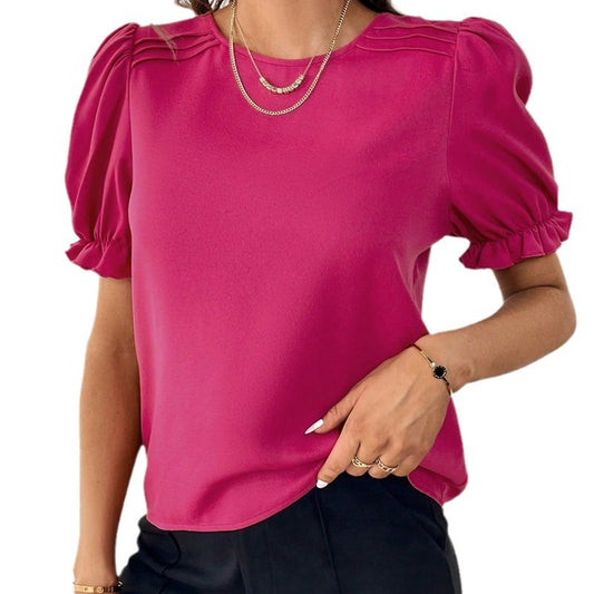 Women's Summer Fashion Temperament Pure Color Round Blouses